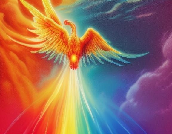 Phoenix Rising from Rainbow Flames