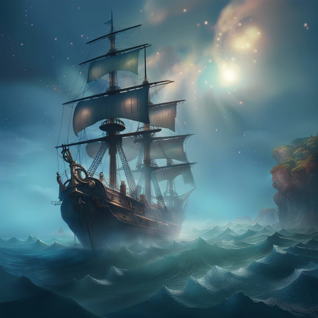 Pirate Ship Sailing a Starry Ethereal Sea