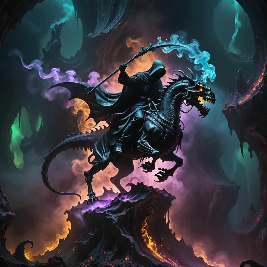 Grim Reaper Rides Dragon of Black Smoke