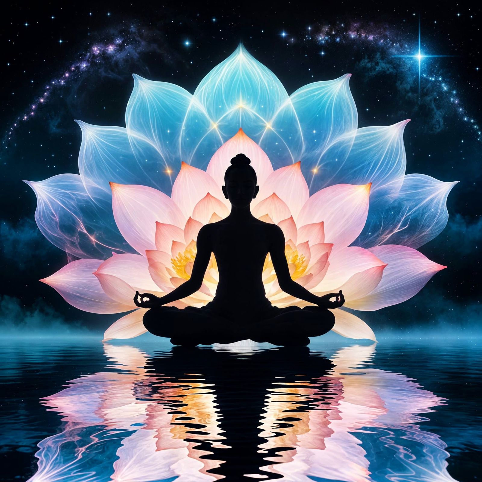Surreal Figure Meditates on Cosmic Lotus Blossom