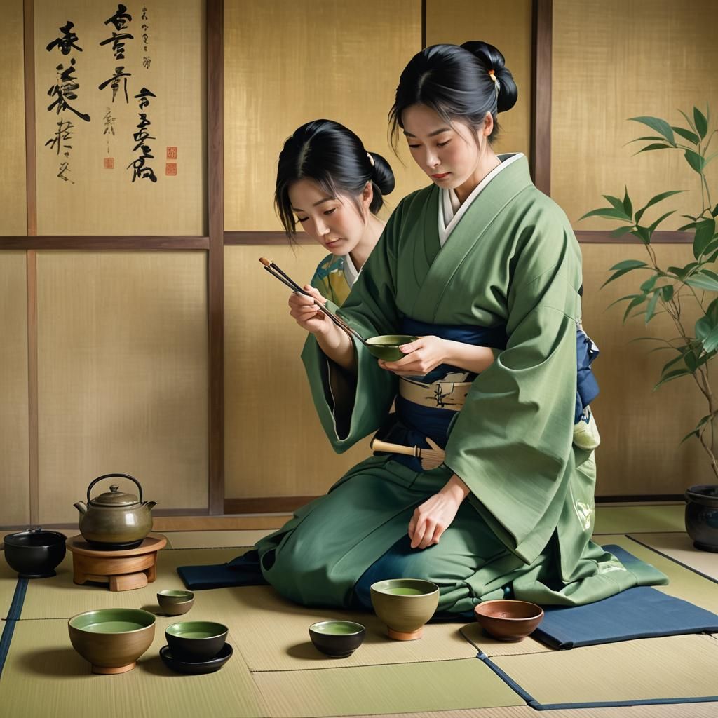Japanese Tea Ceremony in Golden Light, Oil Painting