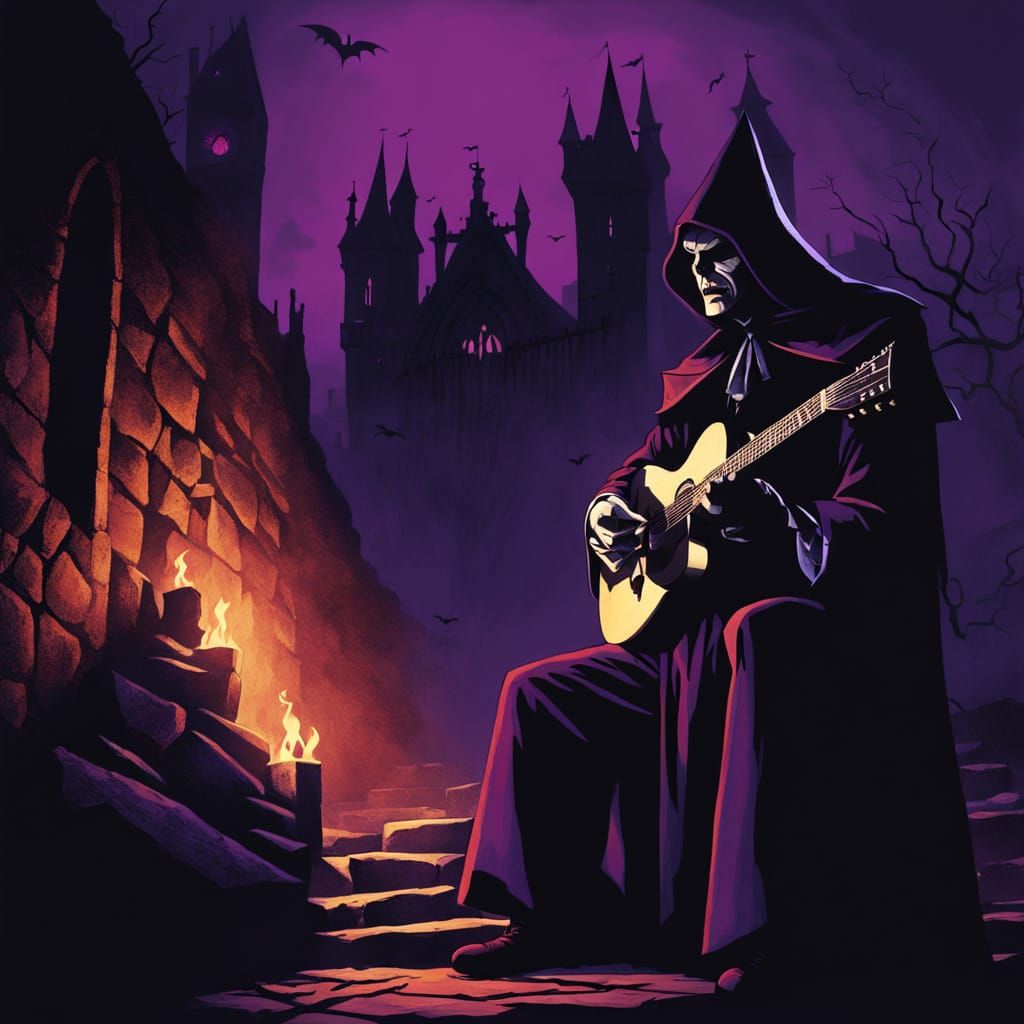 Dark Fantasy Scene: Count Dracula Watches Demon Guitars in O...