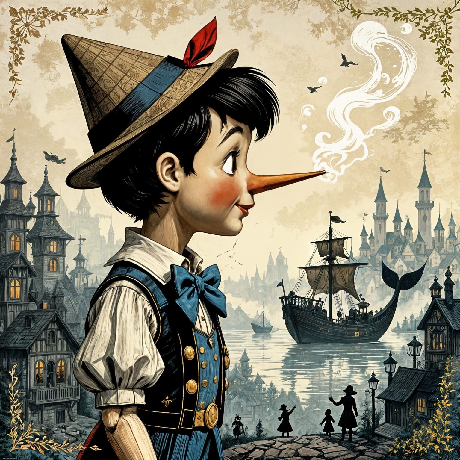 Pinocchio Double Exposure Fairytale Woodcut