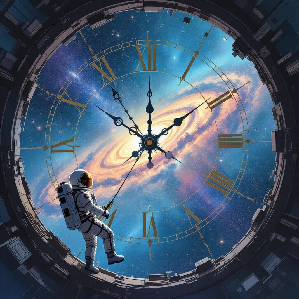 Astronaut Adrift Near Giant Pendulum Clock Spaceship