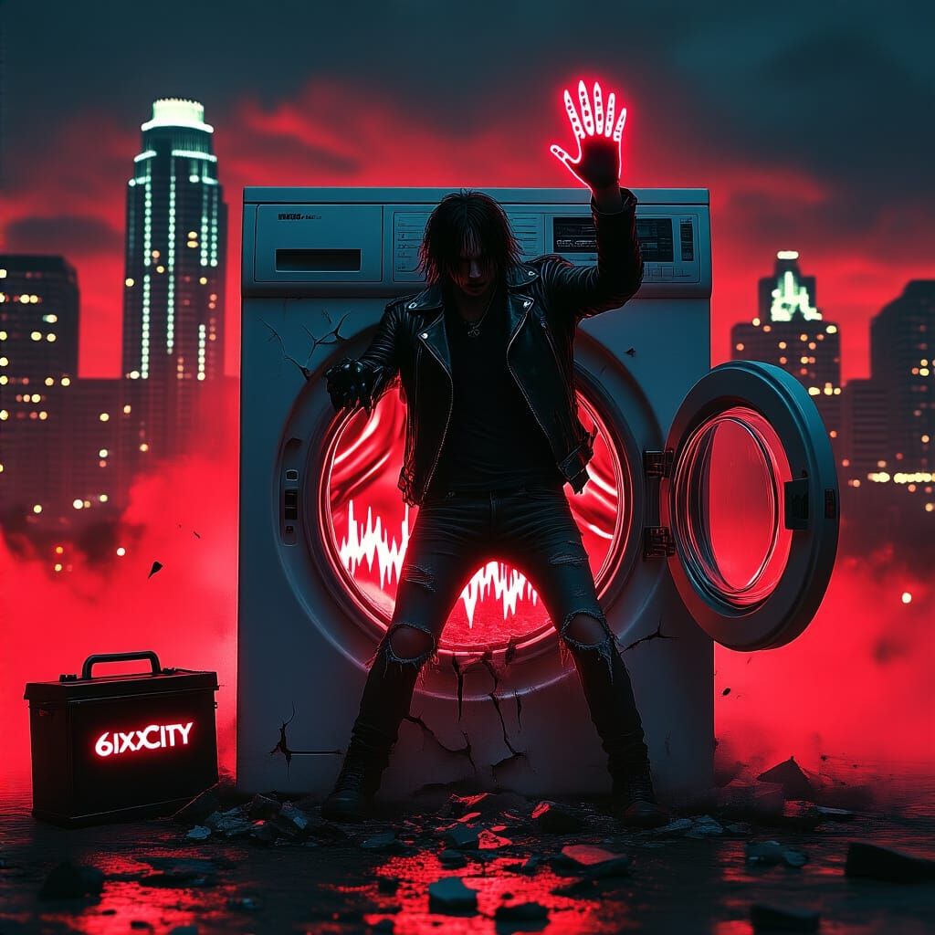 Musician Emerges in Dystopian Cyberpunk Austin Nightscape