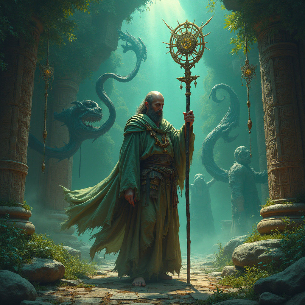 Monk in Ruined Temple with Malevolent Spirits