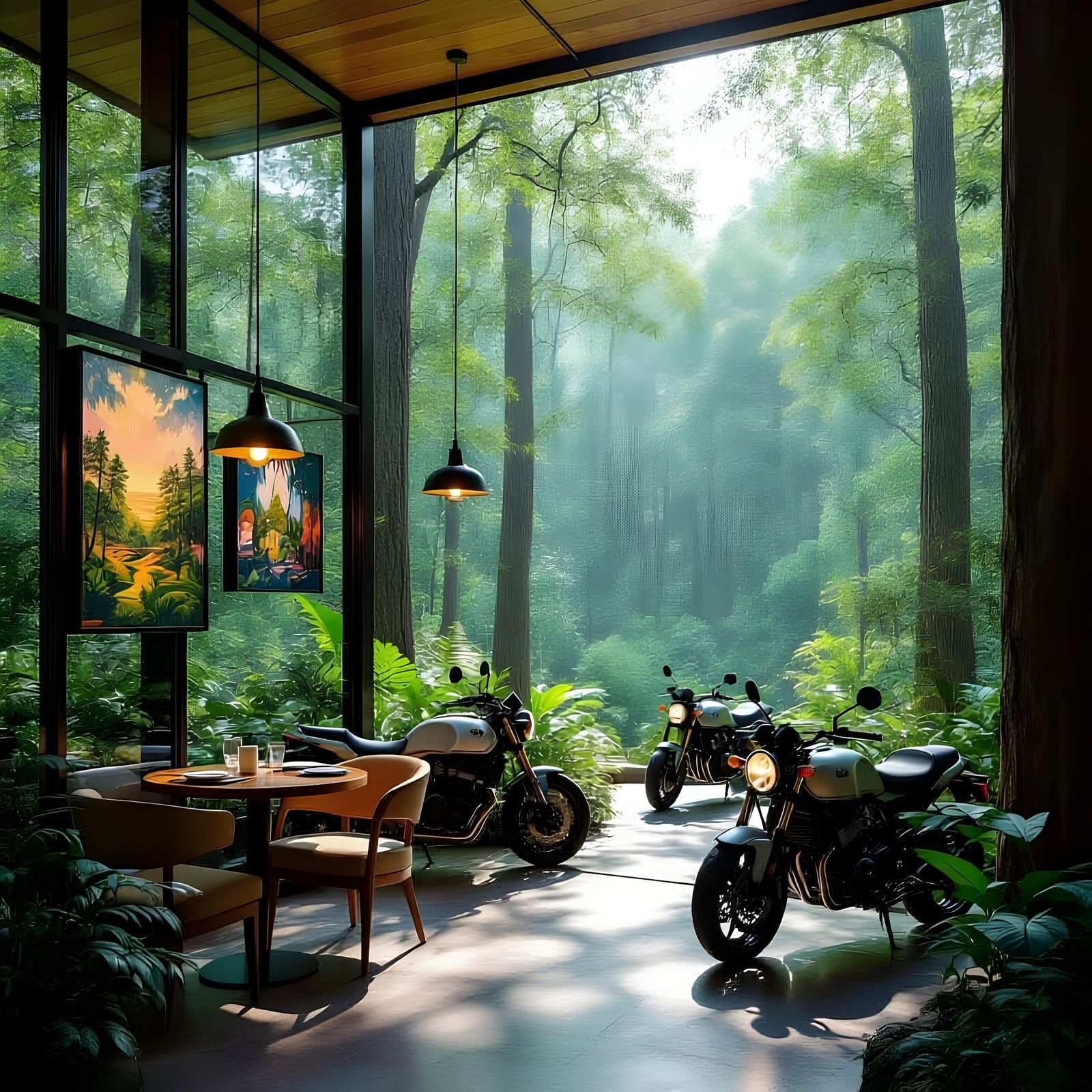 Forest Cafe With Modern Art and Motorbike Parking