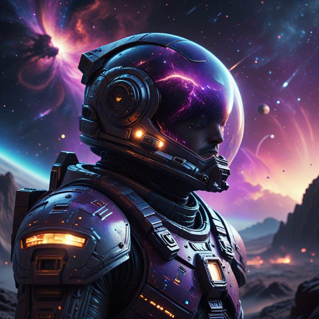 Astronaut Gazes at Nebula with Alien City Reflection