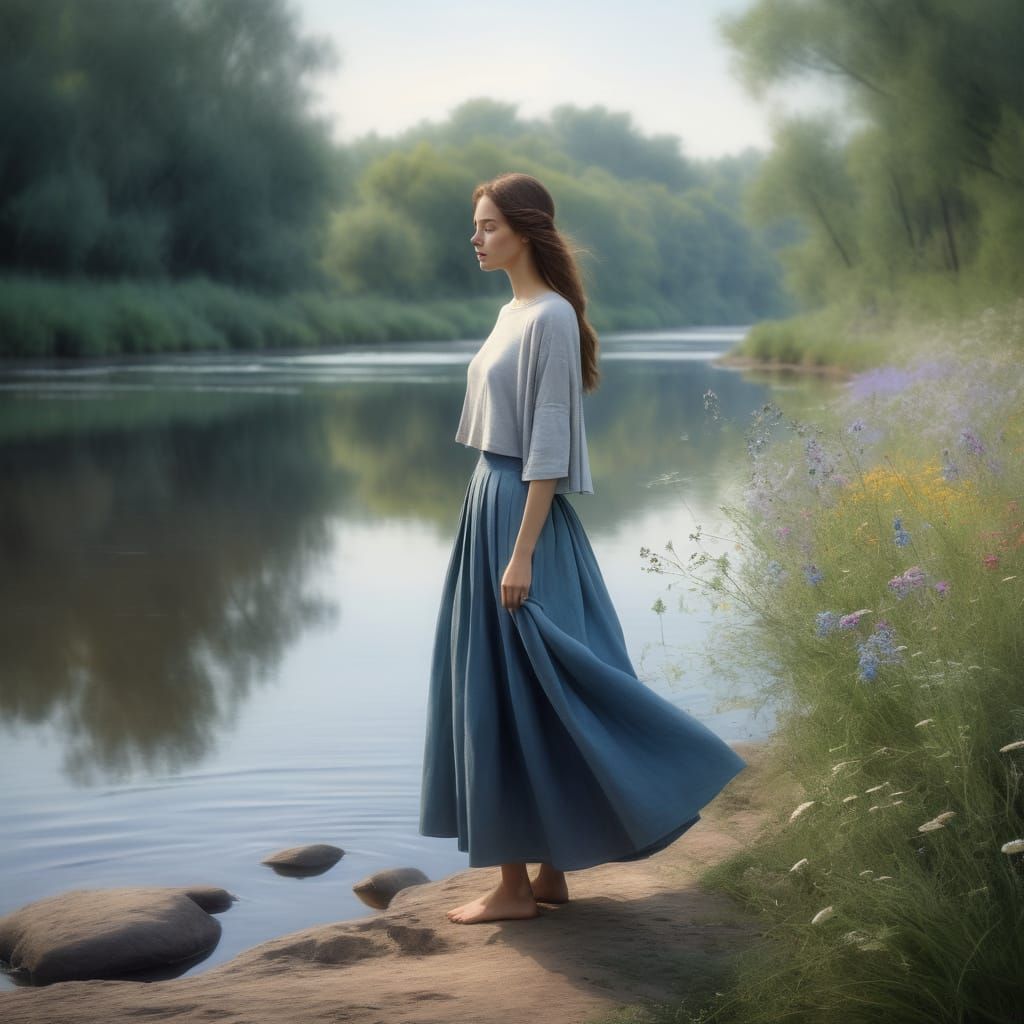 Impressionist Painting of Woman by River in Soft Pastels