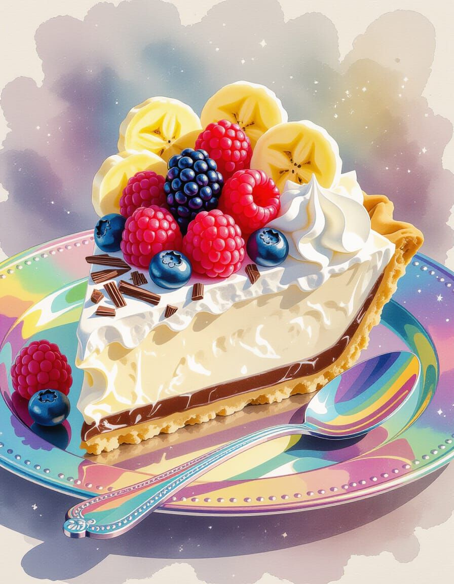 Whimsical Chocolate Pie with Berries in Watercolor Splash Ar...