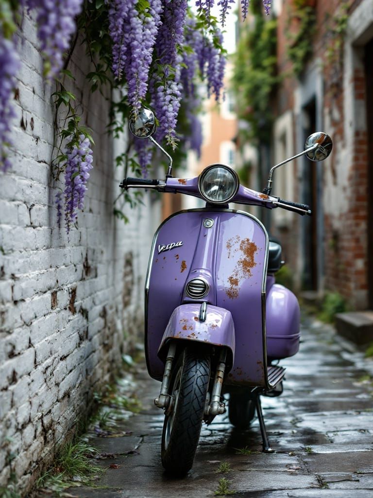 Weathered Purple Vespa in Cobblestone Alley