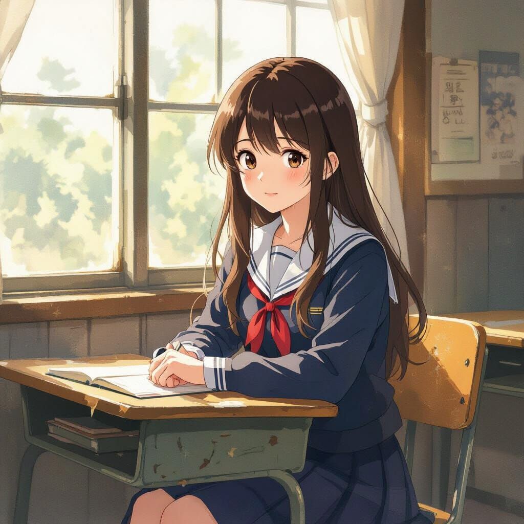 Young Girl in School Uniform, Watercolor Style