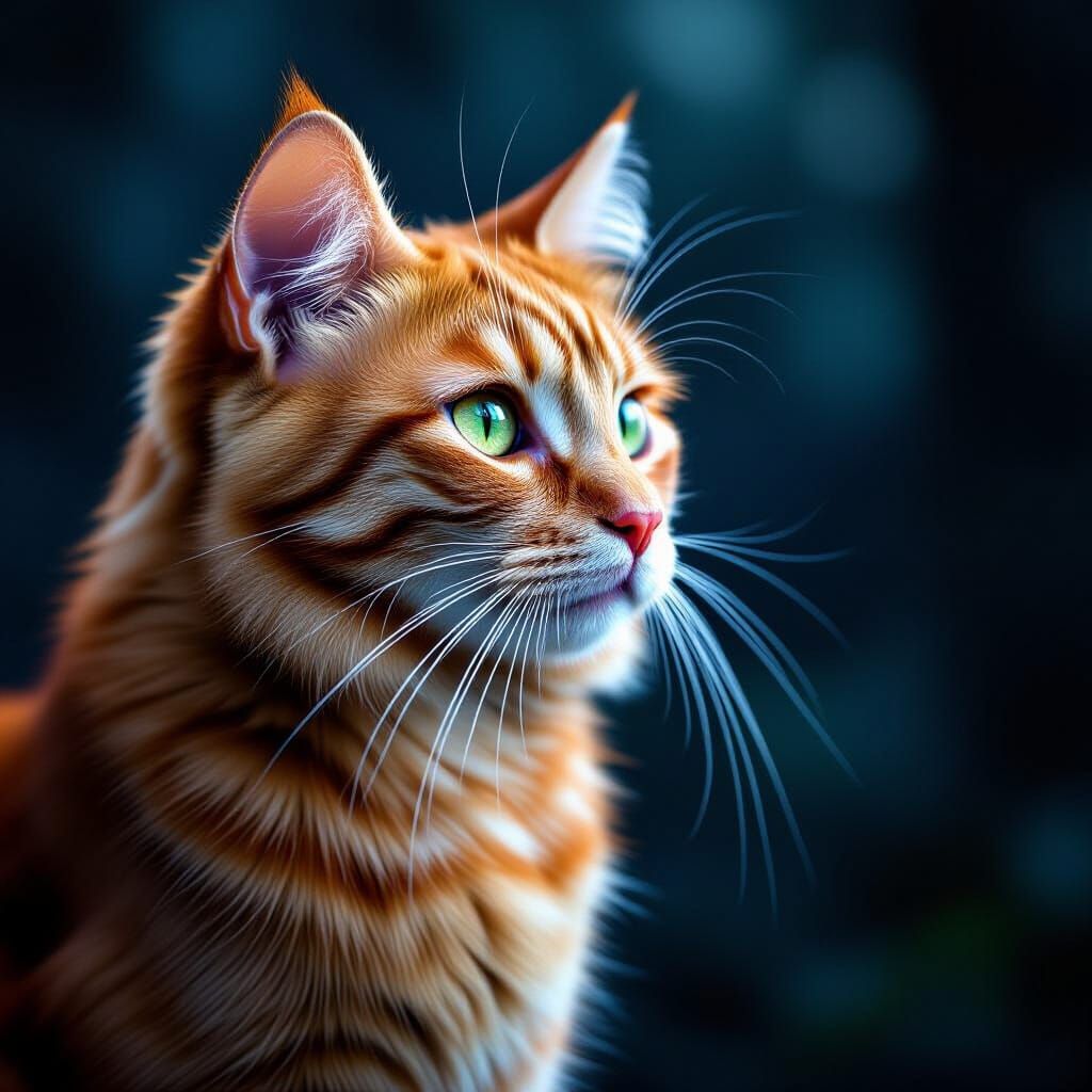 Pale Ginger Cat with Green Eyes in Dark Forest