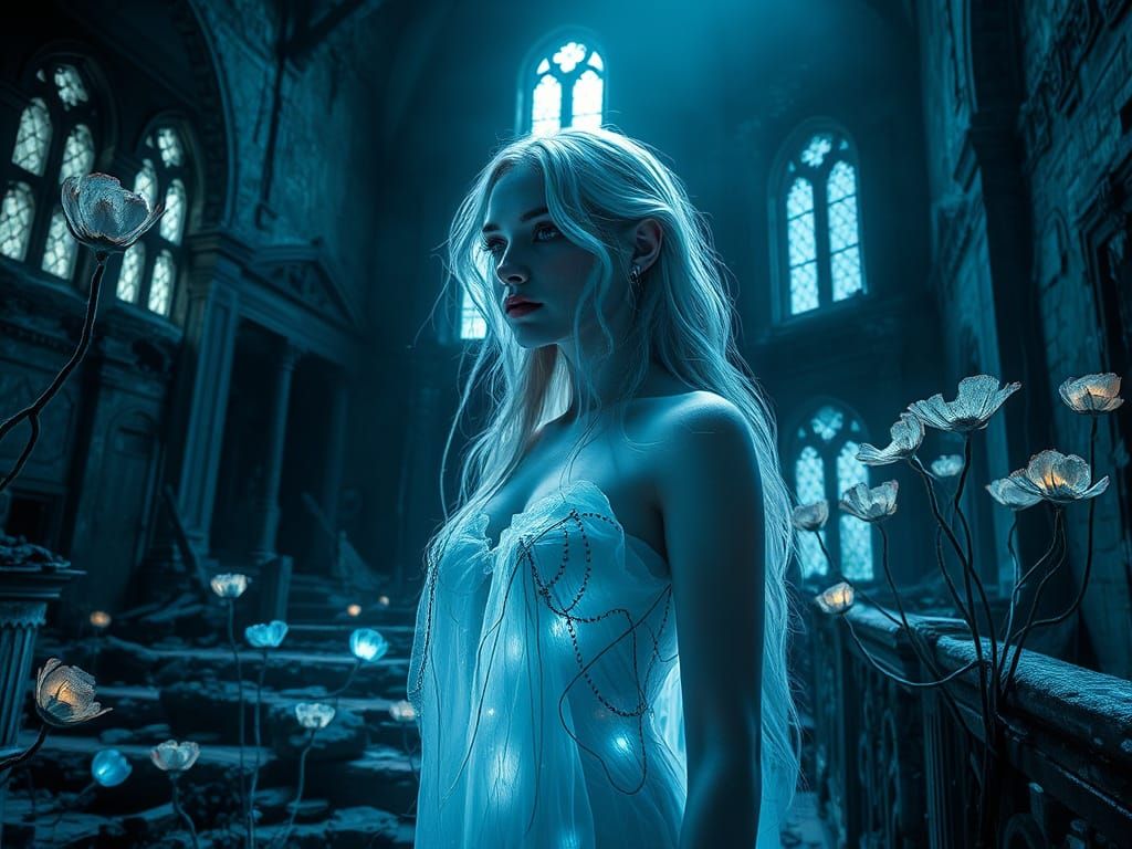 Ethereal Woman Amidst Dystopian Ruins in a Cyberpunk Aesthet...