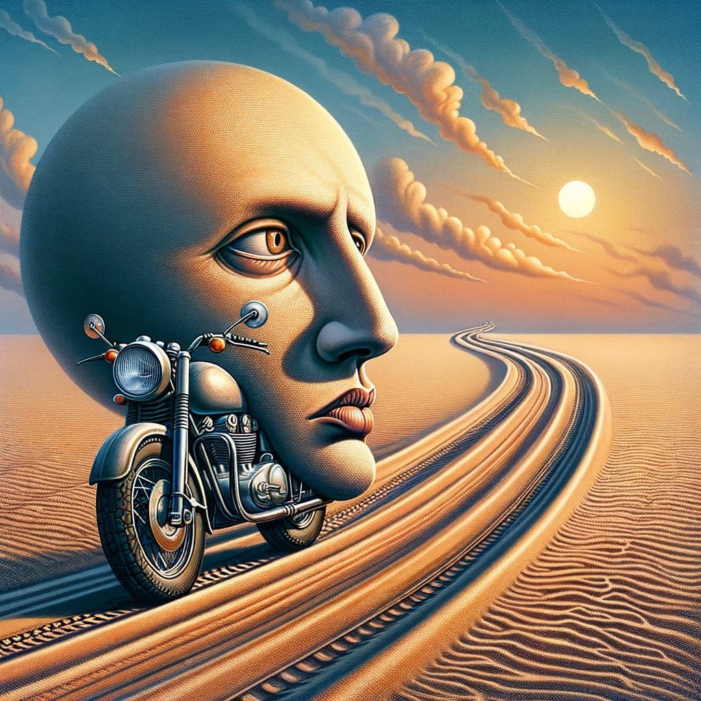 Motorcycle's Exhausted Sigh in Surreal Desert
