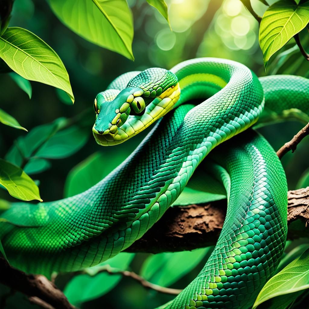 Emerald Green Tree Snake in Tropical Rainforest