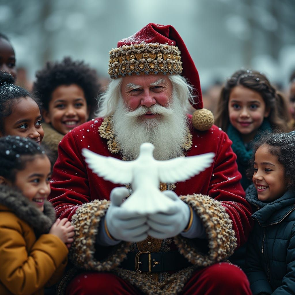 Luxurious Santa Claus Surrounded by Diverse Children in a Wi...