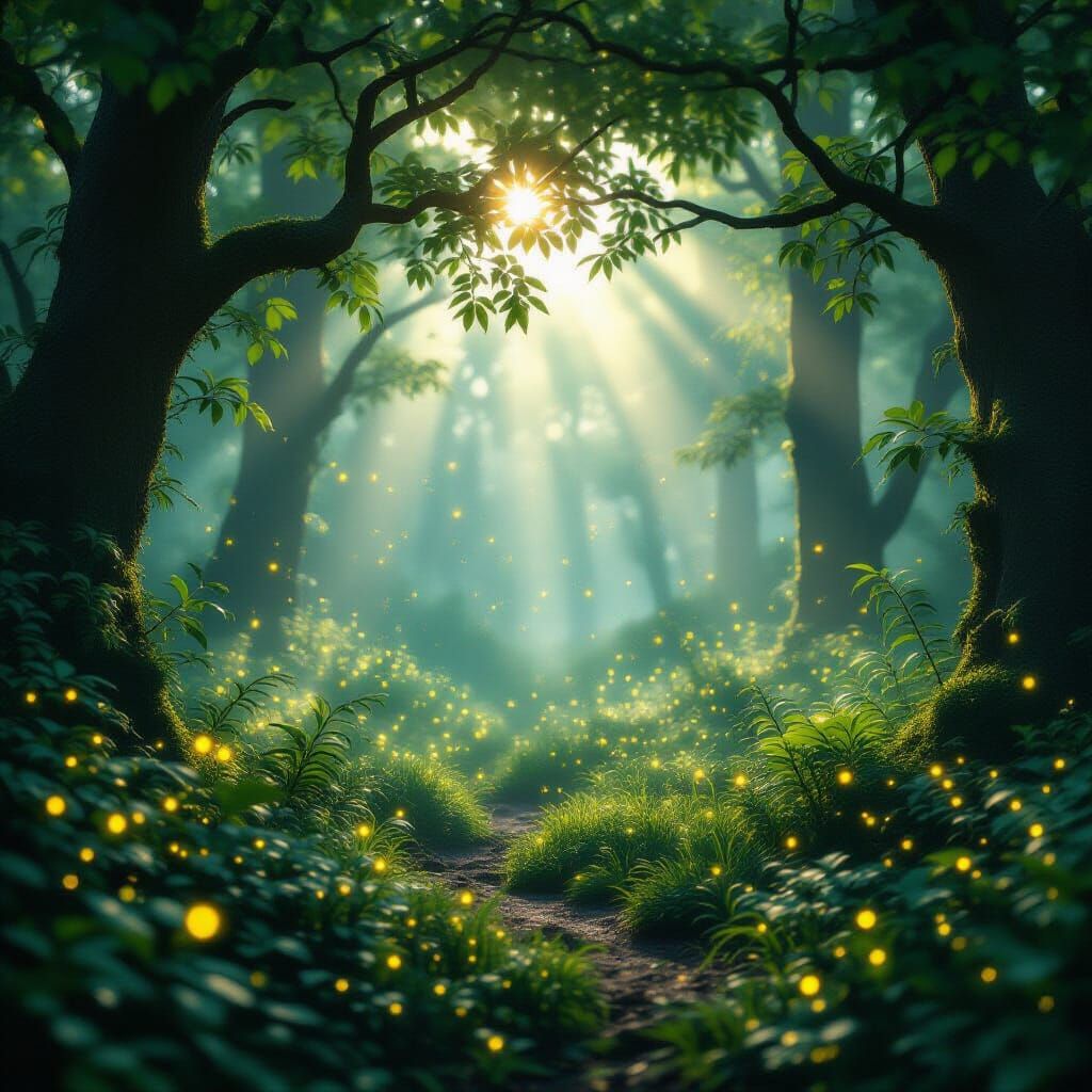 Enchanted Forest at Dawn with Fireflies