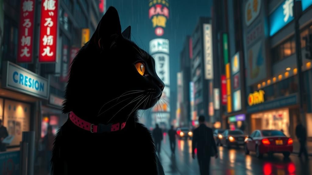 Cyberpunk Cat Silhouette in Dystopian Tokyo