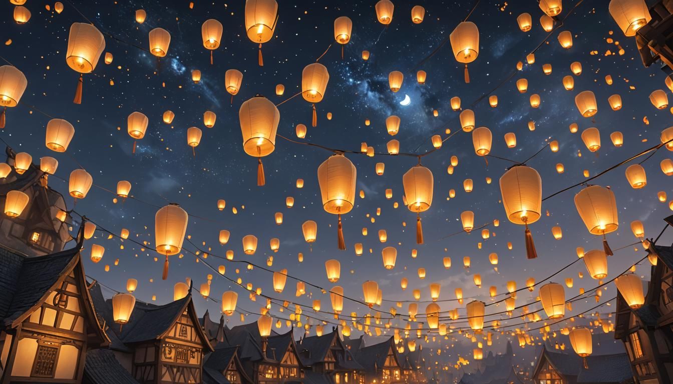 Medieval Night Sky Lanterns in Anime Style