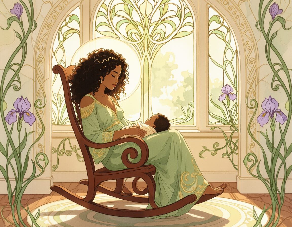 Art Nouveau Watercolor: Serene Mother Rocks Baby in Glowing ...