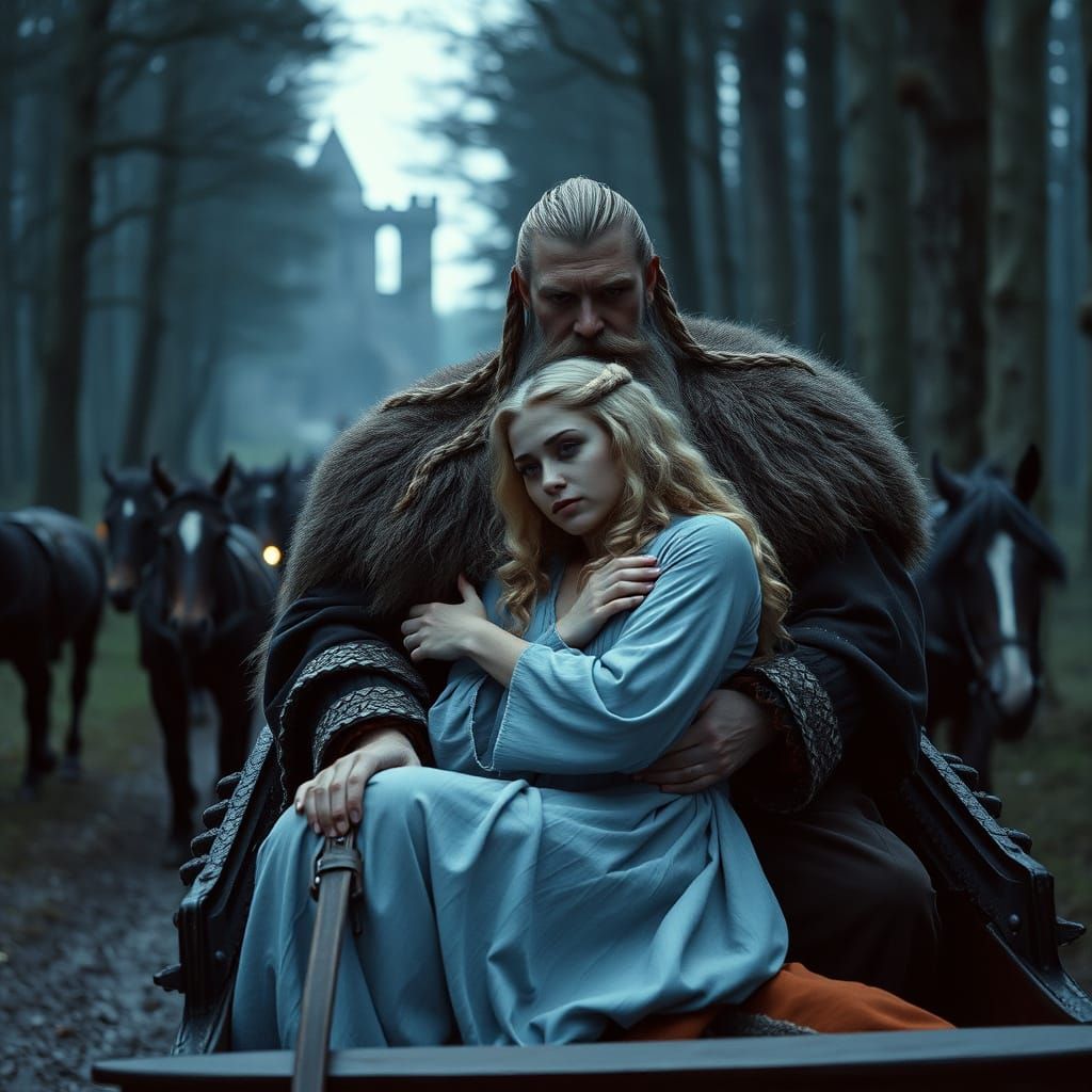 Viking Warrior and Woman in Carriage at Night