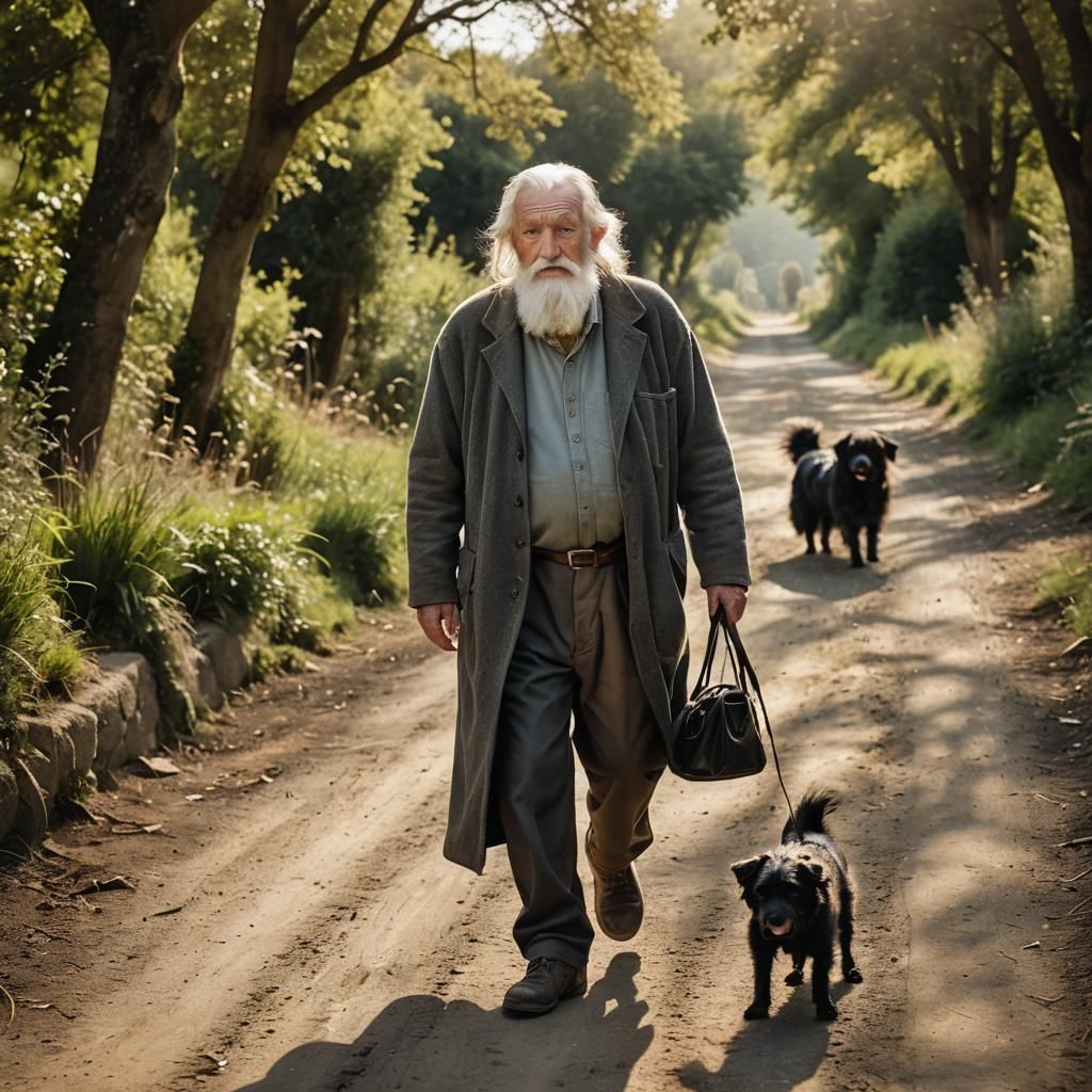 Elderly Man and Dog in Rustic Landscape