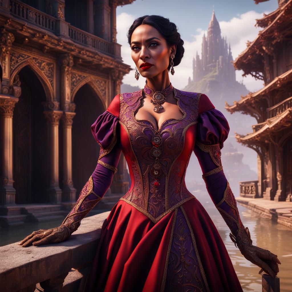 Elegant Woman in Red Dress: Fantasy Concept Art