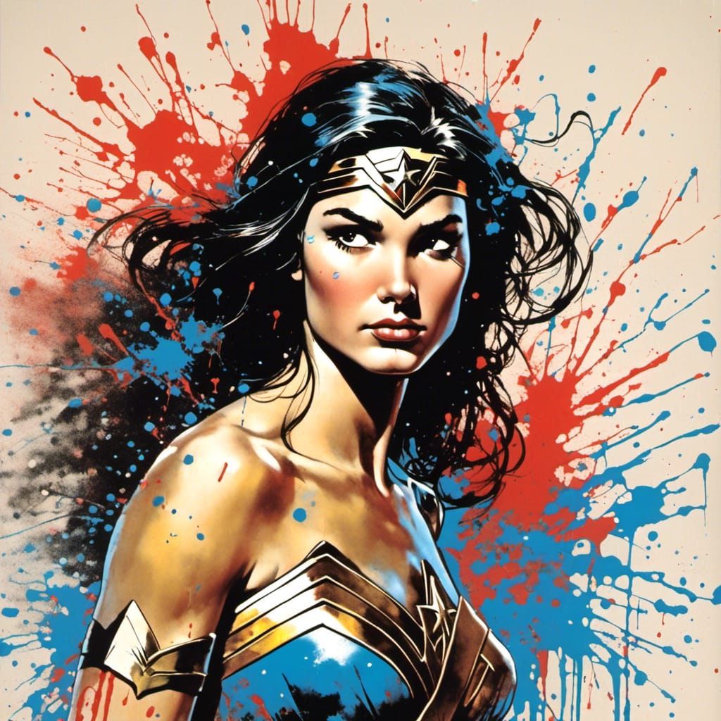 Wonder Woman Vintage Portrait in Splash Art Style