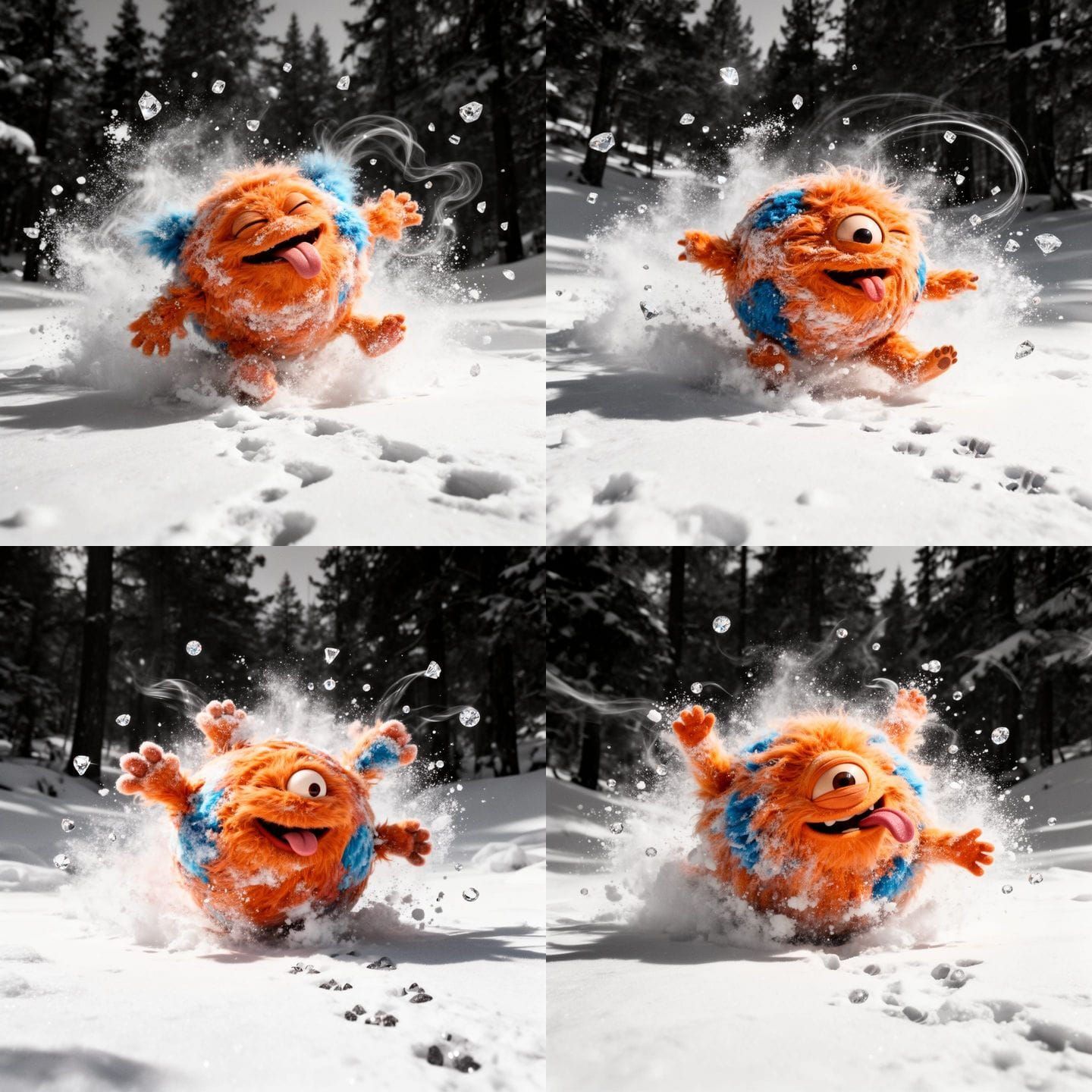 Fluffy Orange Monster Tumbles Through Snowy Winter Landscape