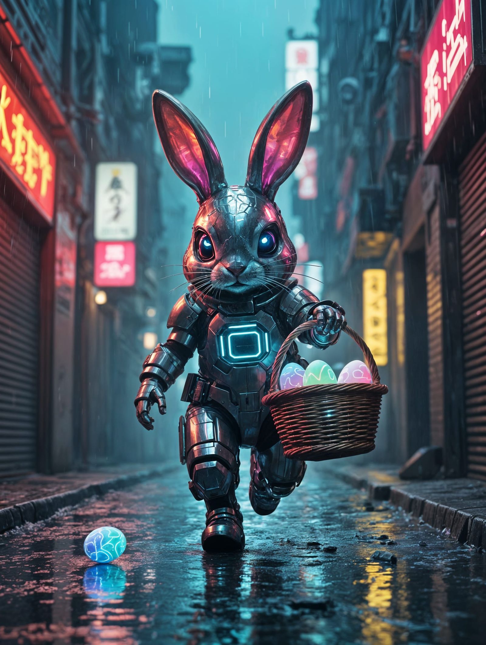 Cyberpunk Easter Bunny Hops Through Futuristic City Alleyway
