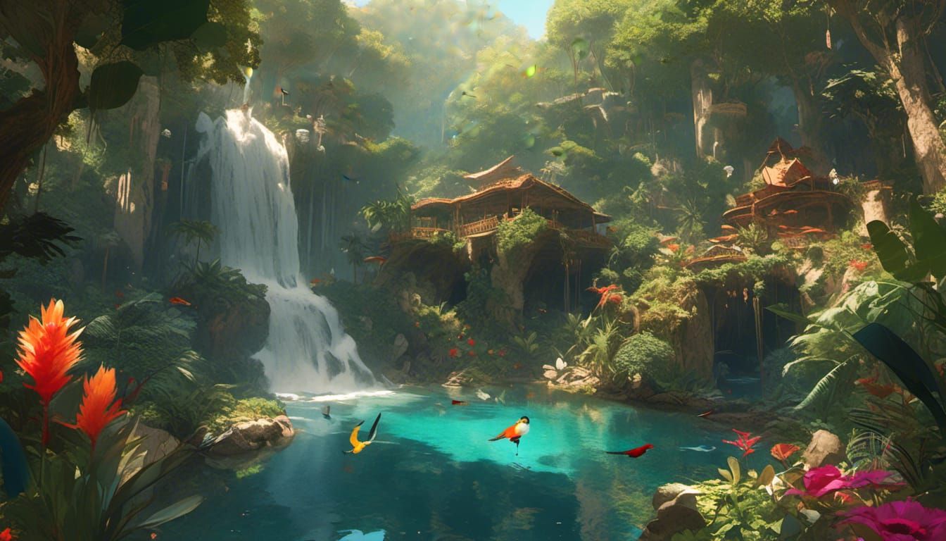 Serene Jungle Oasis with Waterfall and Exotic Wildlife