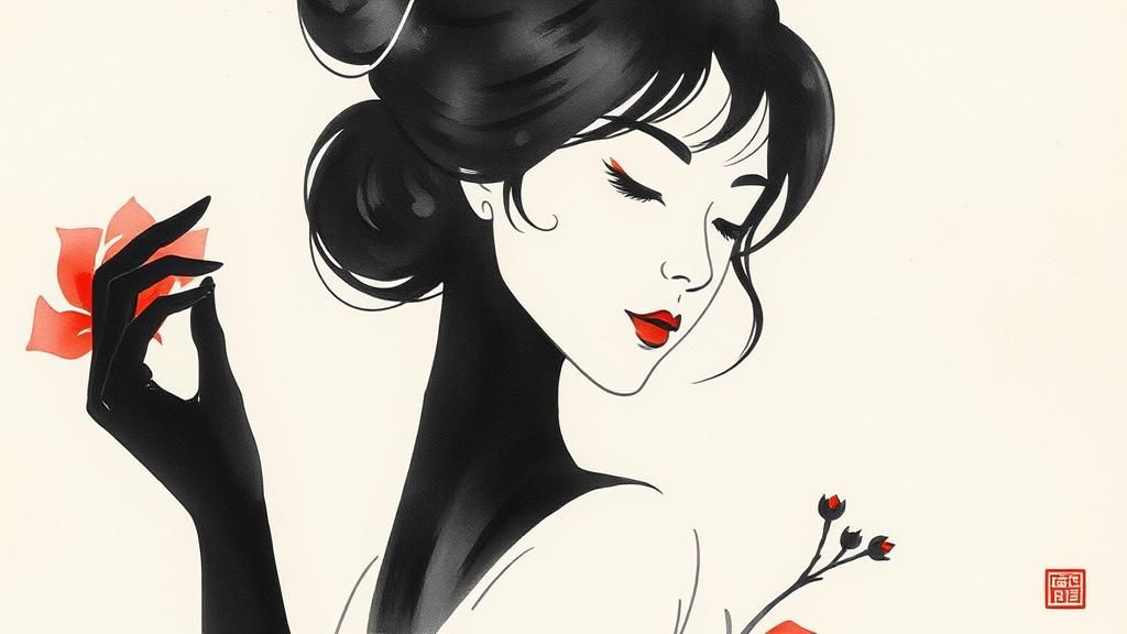 Elegant Woman Silhouette in Japanese Ink Wash Style