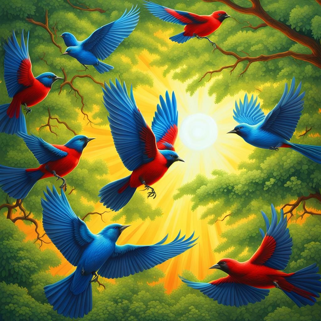 Fluorescent Birds Fly in Sunlit Forest
