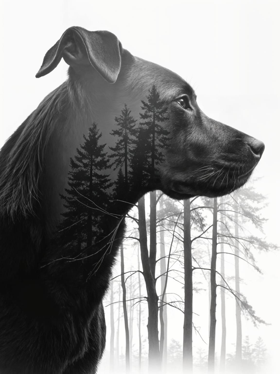 Silhouetted Dog Amidst a Layered Forest in High Contrast Bla...