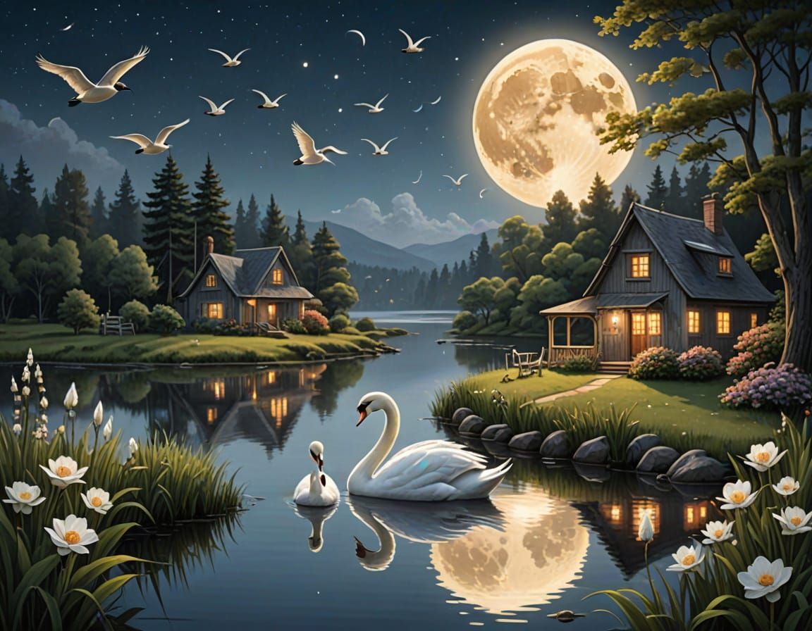 cottagecore  swans tranquillity moon birds