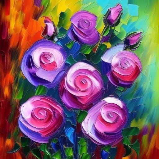 Purple Roses Bouquet in Neo-Impressionist Style