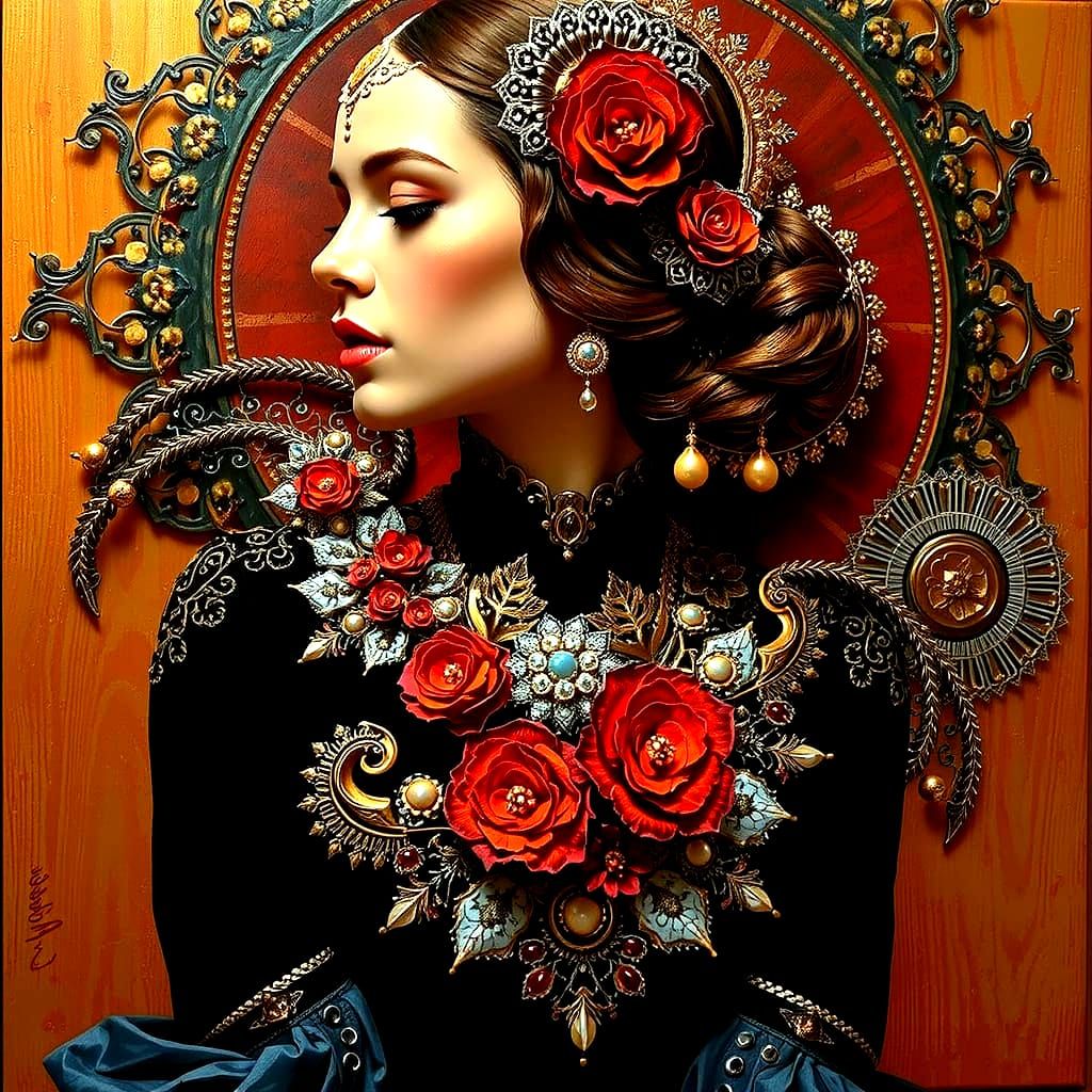 Fractal Art Nouveau Masterpiece in Gold and Red