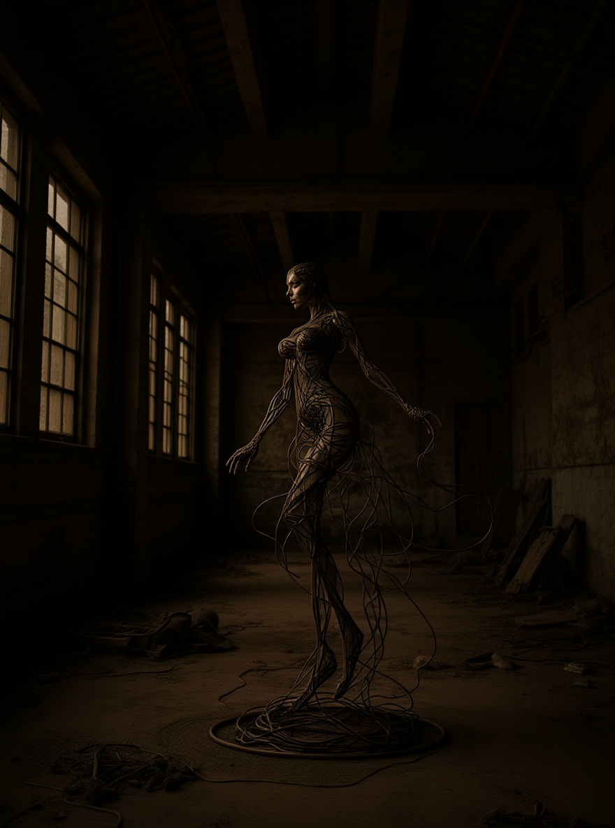 Surreal Wire Goddess Sculpture in Futuristic Cityscape