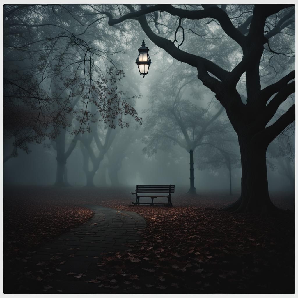 Eerie Victorian Park Scene with Distant Barghest