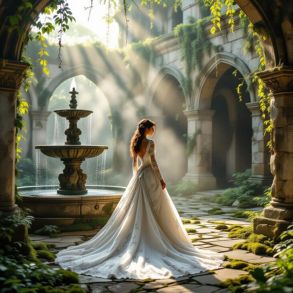 Mystical Princess in Abandoned Courtyard: Photorealistic