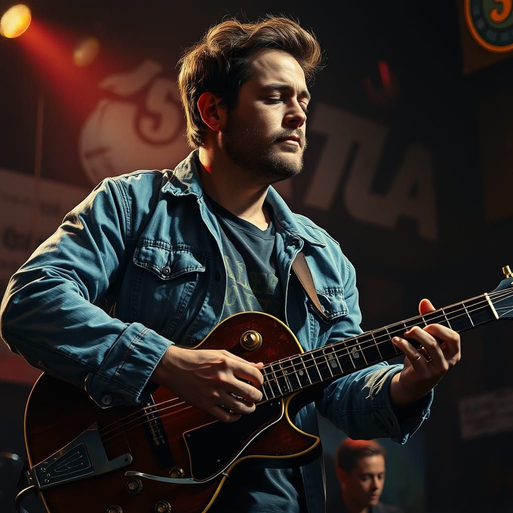 Man Plays Vintage Guitar in Smoky Blues Club