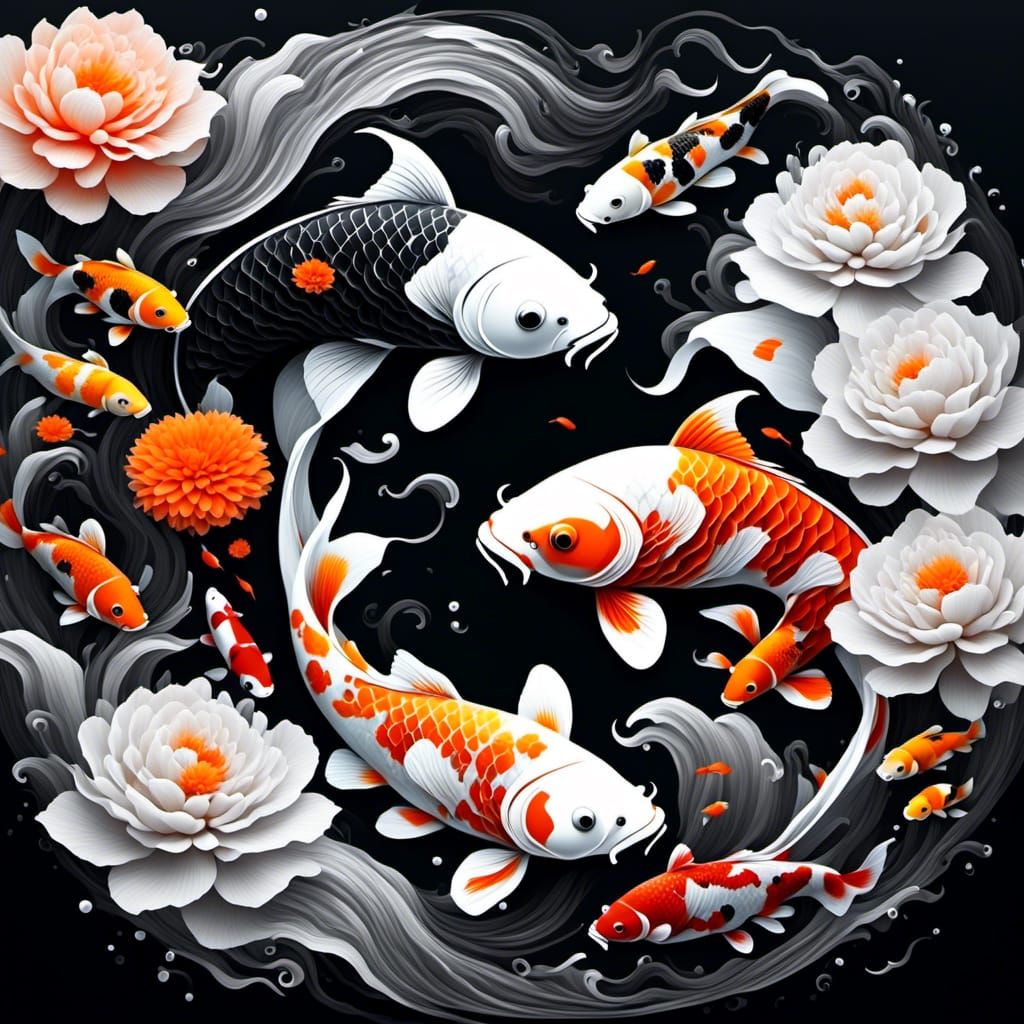 Yin Yang Koi Fish in Black and White