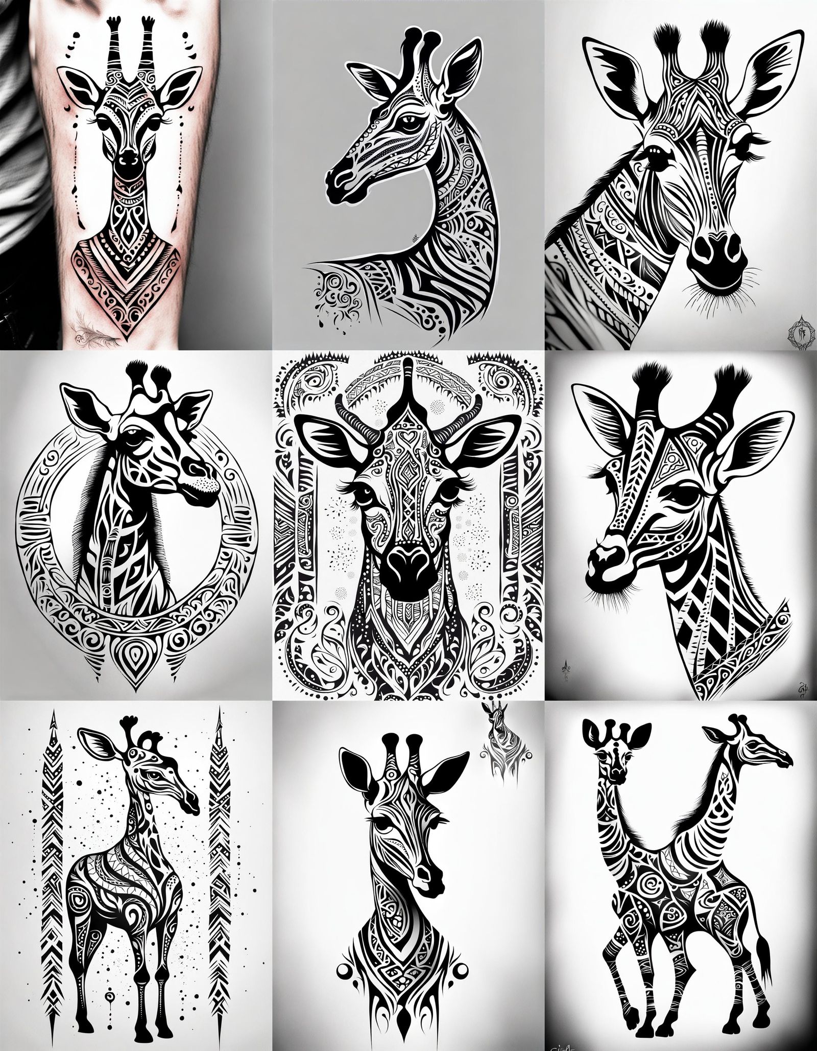 Giraffe Tribal Tattoo in Black and White