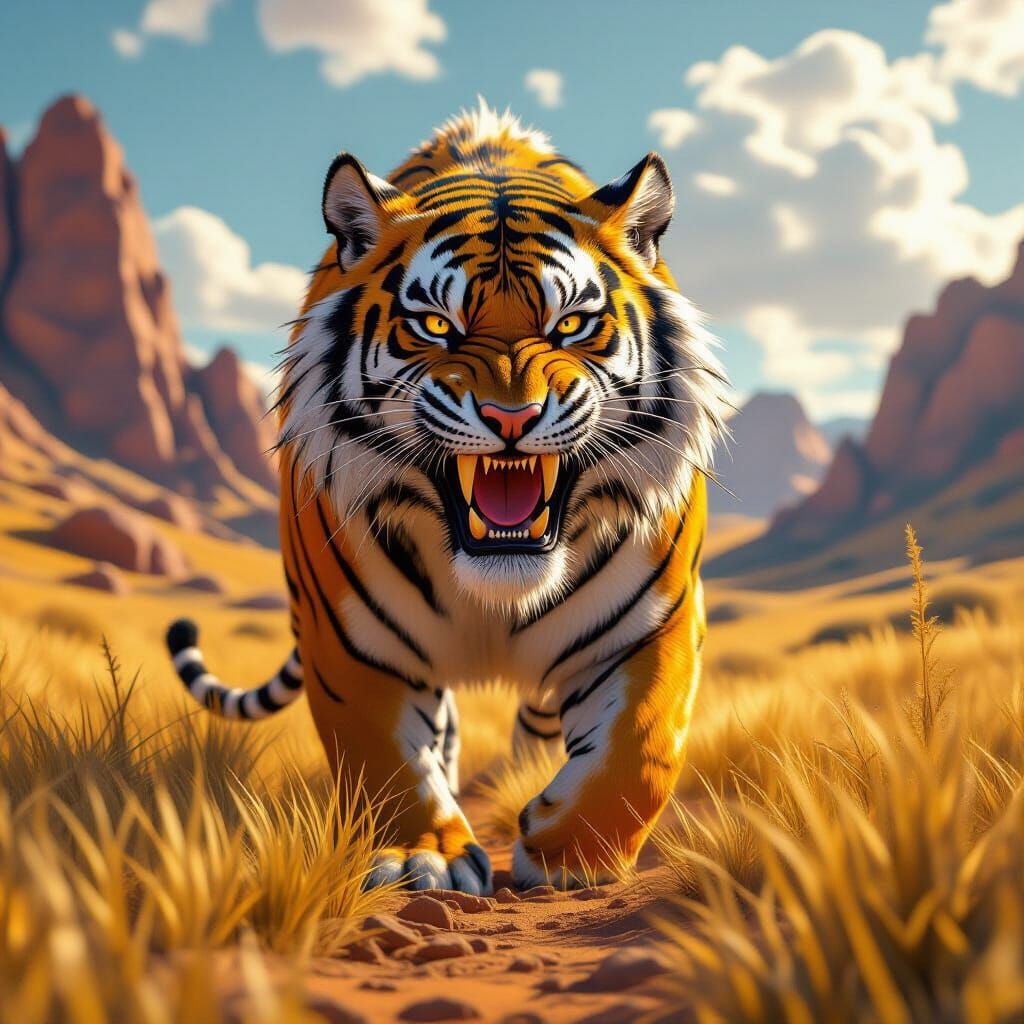 Saber-Toothed Tiger in Golden Field: Matte Painting