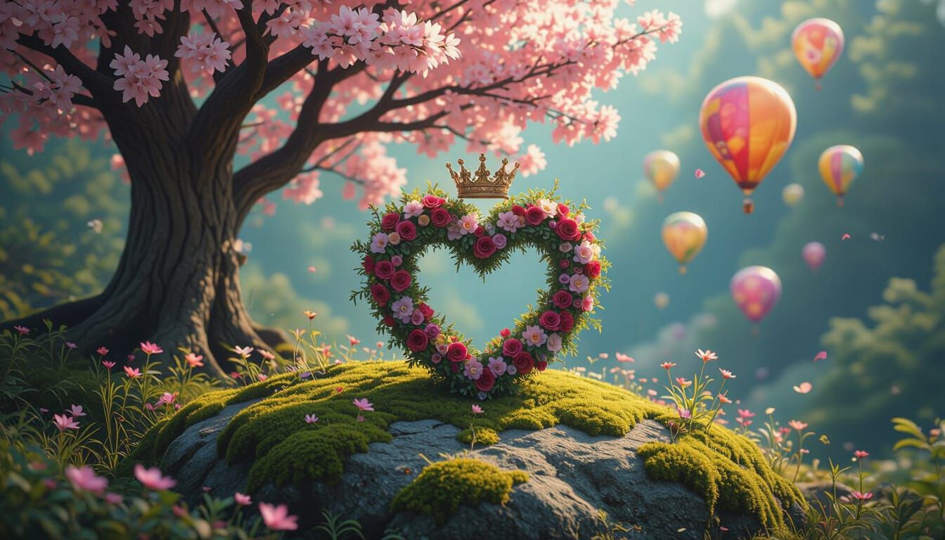 Mossy Rock With Heart Wreath and Blossoming Tree