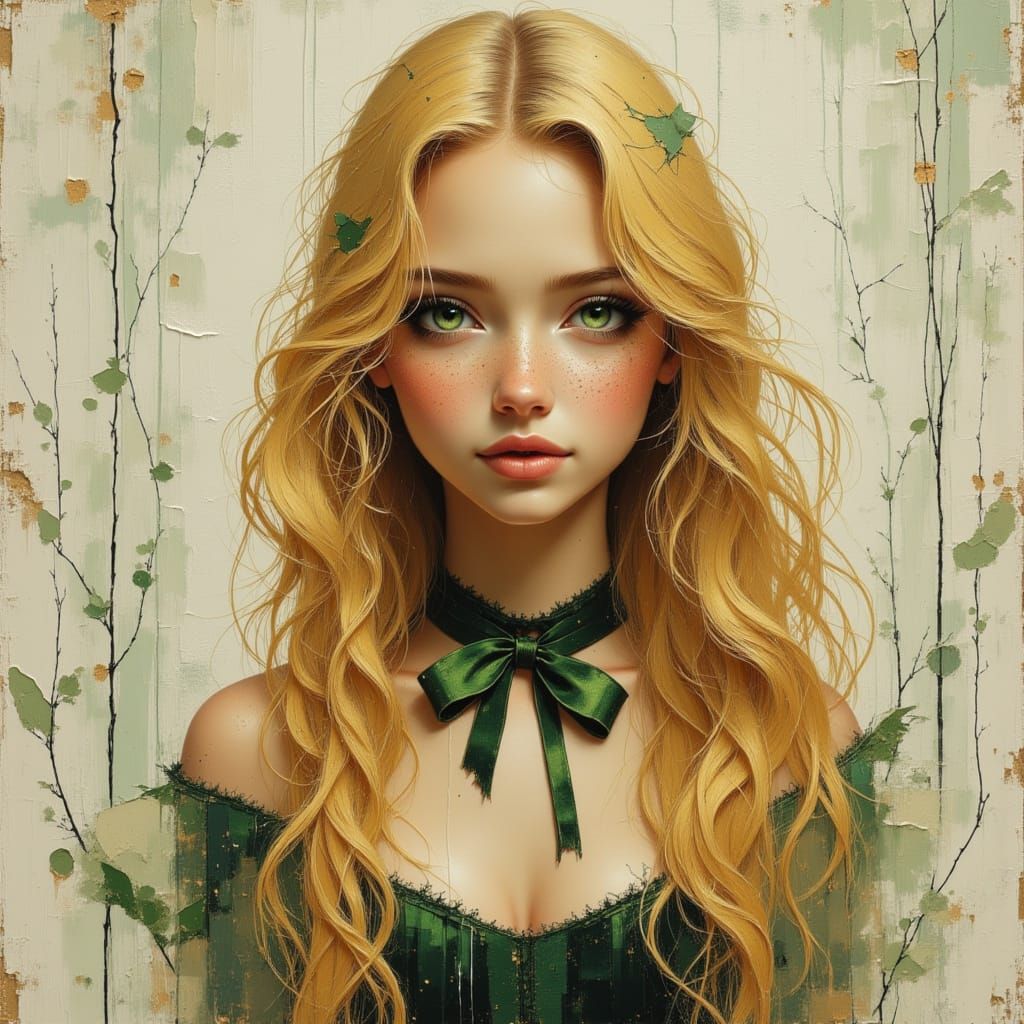 Blonde Woman Oil Painting with Green Eyes