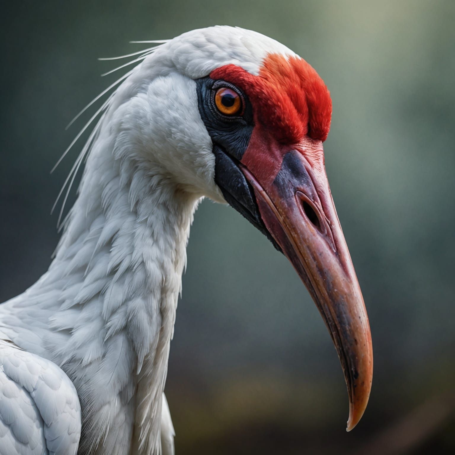 A hyperrealistic closeup picture of The Siberian crane, with its elegant long legs and neck, stands at well over a meter...