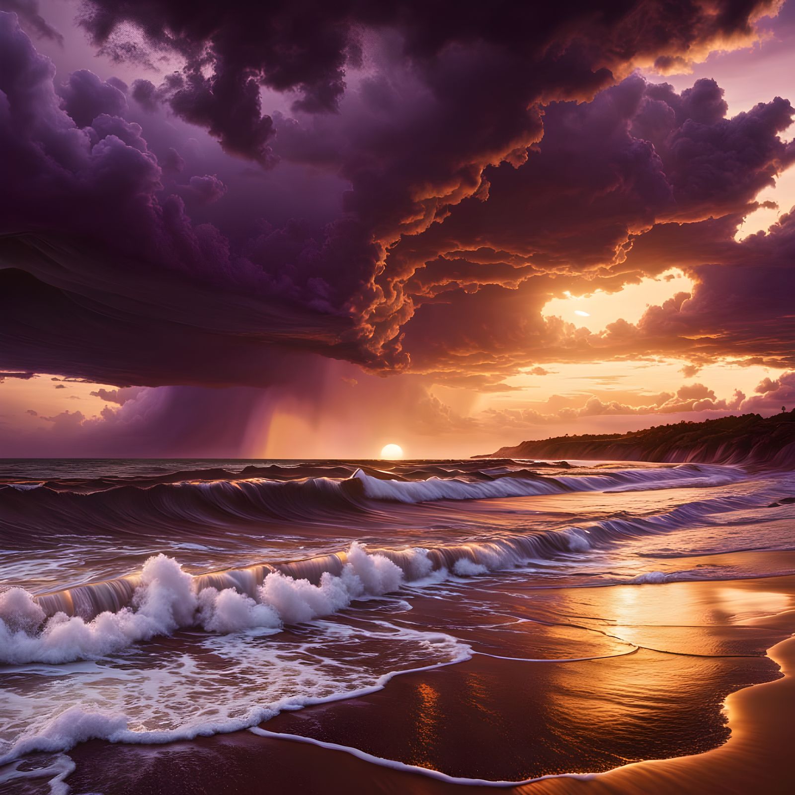 Violet Sunset Over Turbulent Waves
