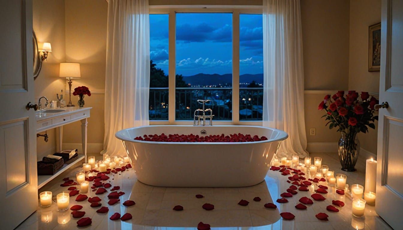 Luxurious Midnight Bathroom with Roses and Candles